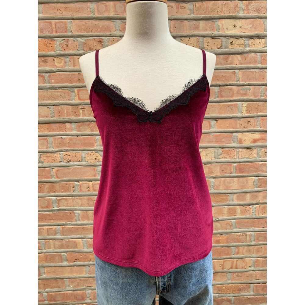 Jason Wu Velvet and Lace Burgundy Sleeveless Velour Lace Trim V-Neck Cami Top S